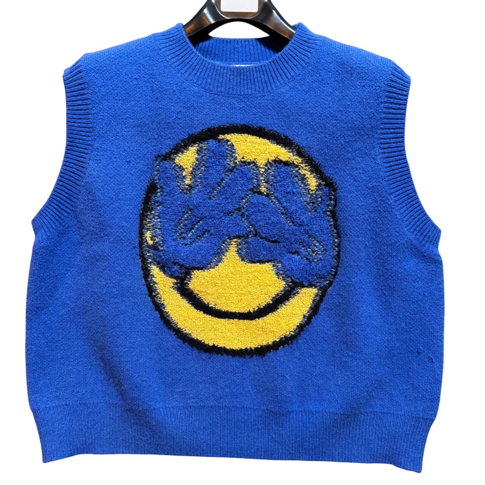 CIDER Wool Alpaca Blend Blue Smiley Face Sweater Vest - Fun Quirky Large‎